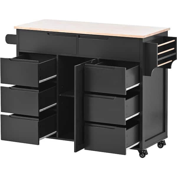 Unbranded Black Rubber Wood Countertop 53.1 in. W Kitchen Island on 5-Wheels with 8-Handle-Free Drawers and Flatware Organizer