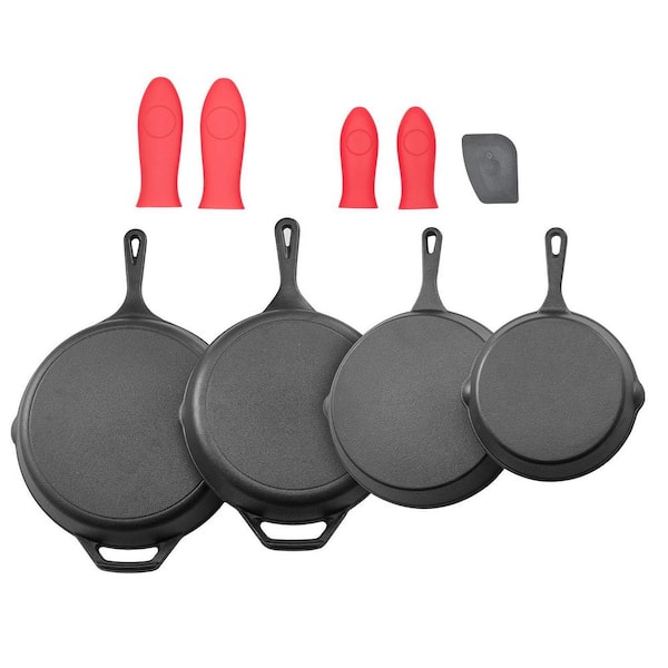 4-Piece Black Cast Iron Frying Pan Set with Heat Retention, Silicone Grip, Oven Safe, Gas and Induction Compatible
