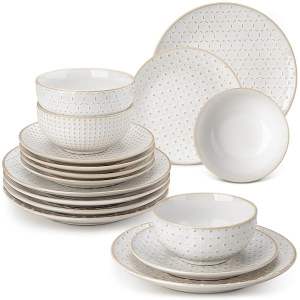 24-Piece White Stoneware Dinnerware Set (Service for 8), Vintage Relief Ceramic Dish Set, Chip-Resistant, Microwave Safe