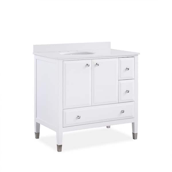 null Tricia 36 in. Bathroom Vanity in White w/ Composite Granite Vanity Top in White w/ White Ceramic Oval Sink & Backsplash
