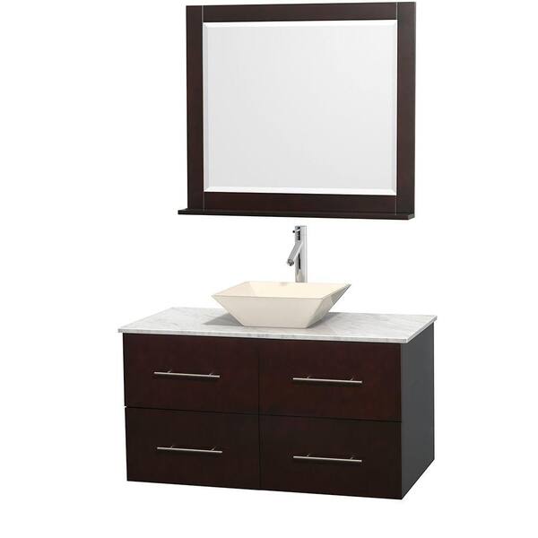 Wyndham Collection Centra 42 in. Vanity in Espresso with Marble Vanity Top in Carrara White, Bone Porcelain Sink and 36 in. Mirror