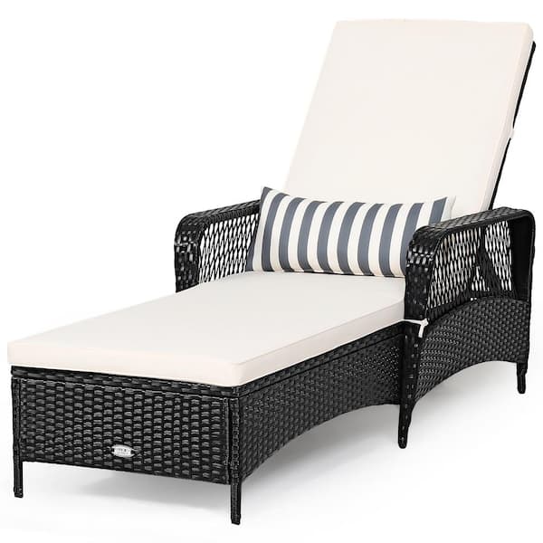 Costway 1-Piece Plastic Wicker Outdoor Chaise Lounge Recliner with Off-White Cushions Adjustable