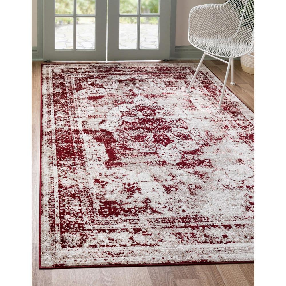 Burgundy and Tan Low Pile Synthetic Area Rug