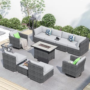 Messi Grey 11-Piece Wicker Outdoor Patio Fire Pit Conversation Sofa Set with Swivel Rocking Chairs and Grey Cushions