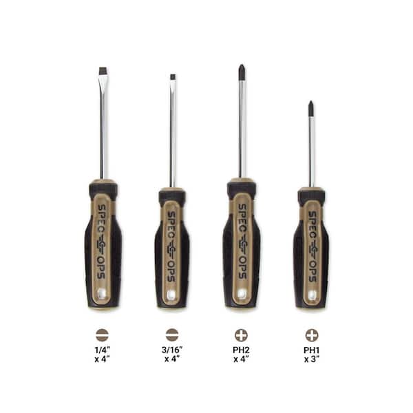 SPEC OPS Screwdriver Set, Phillips #1 and #2, Slotted 3/16 in. and 1/4 in., Magnetic Tip, Cr-Mo Steel Shaft (4-Piece)