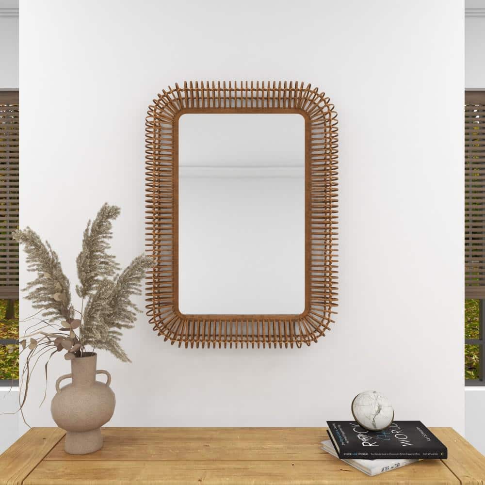 Brown Handmade Woven Rattan Rectangular Full Length Wall Mirror