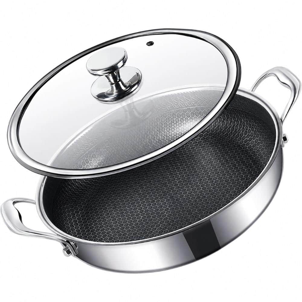 6 qt. 12 in. 316L Stainless Steel Saute Pan with Lid, Laser-Etched Hybrid Nonstick, PFOA Free, Oven Safe 500F