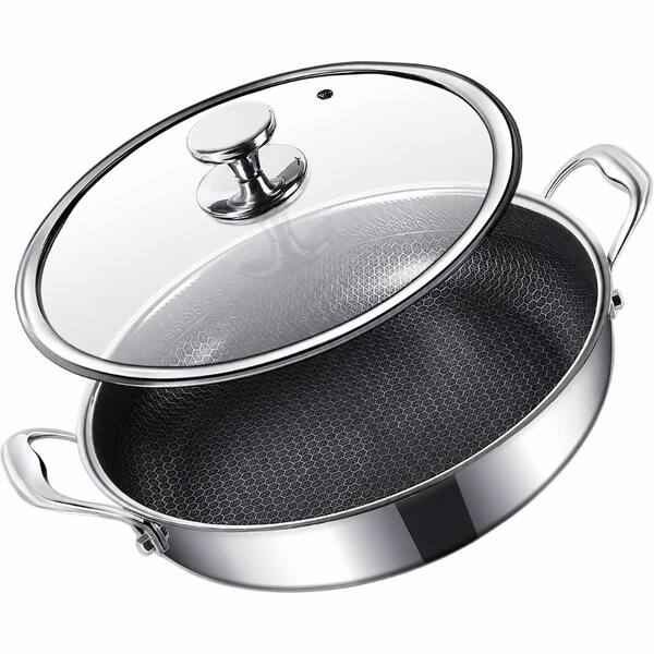6 qt. 12 in. 316L Stainless Steel Saute Pan with Lid, Laser-Etched Hybrid Nonstick, PFOA Free, Oven Safe 500F