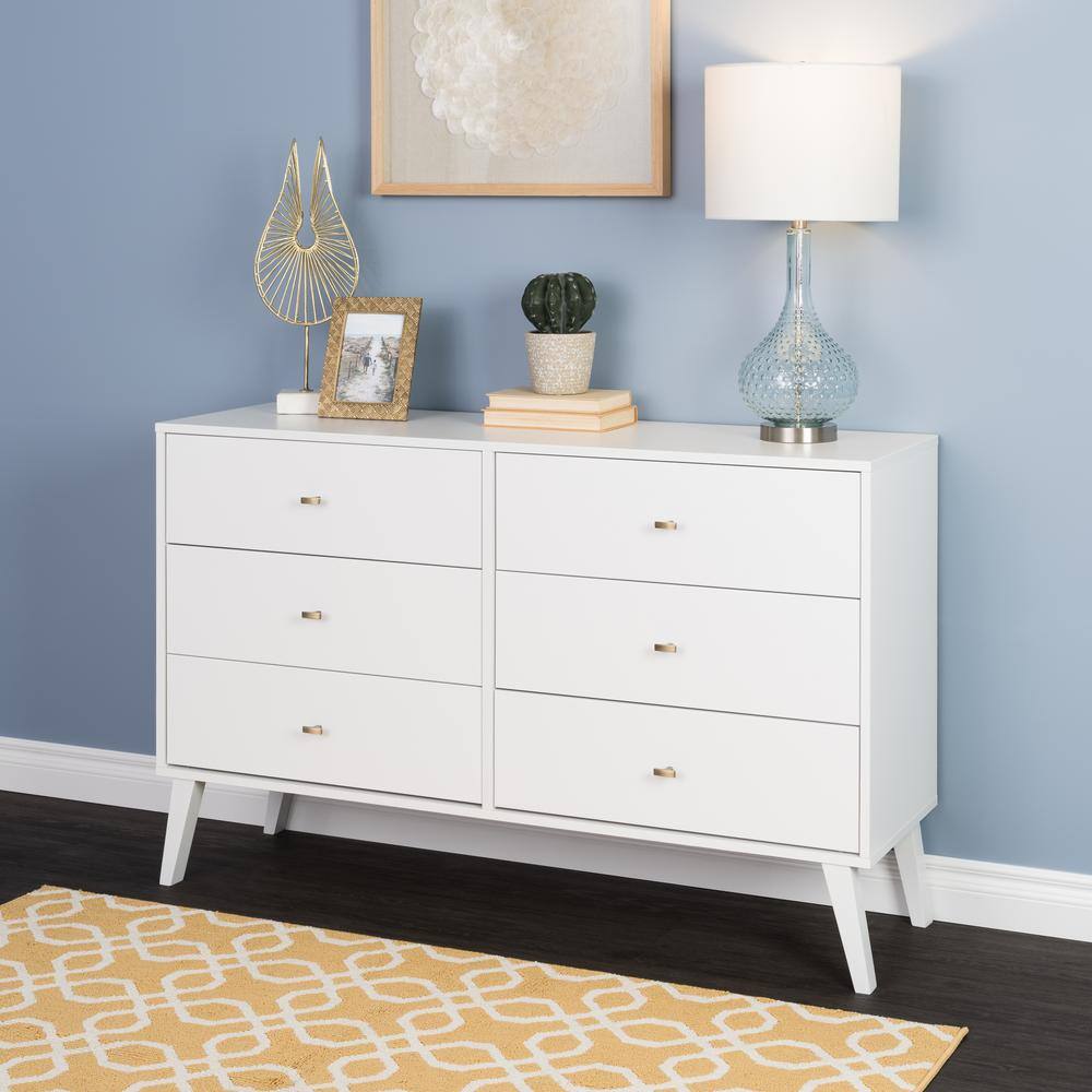 White Mid-Century 6-Drawer Double Dresser with Brass Knobs