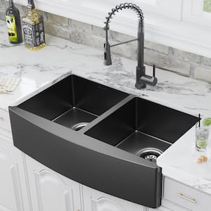 Gunmetal Black Stainless Steel 36 in. 18-Gauge Double Bowl Farmhouse Kitchen Sink with Black Spring Neck Faucet