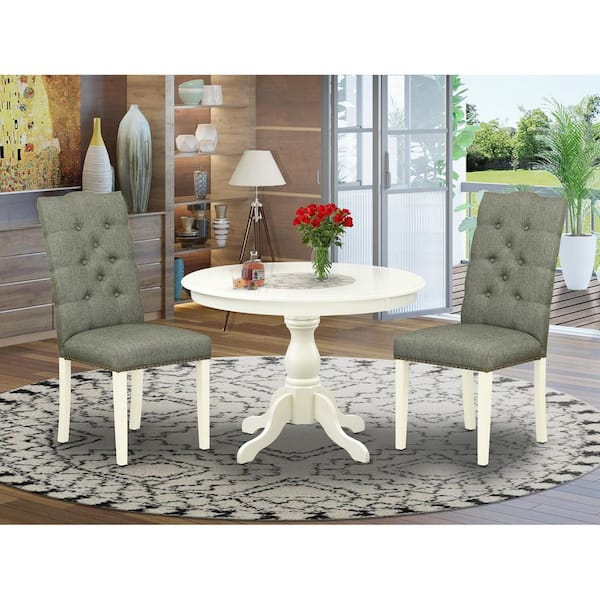 East West Furniture 3-Piece Linen White Finish Solid Wood Top - Button Tufted Dining Room Set - Seats 4