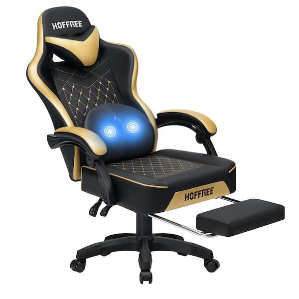 Hoffree Faux Leather Reclining Ergonomic Gaming Chair in Gold with Vibration Lumbar Pillow and Footrest