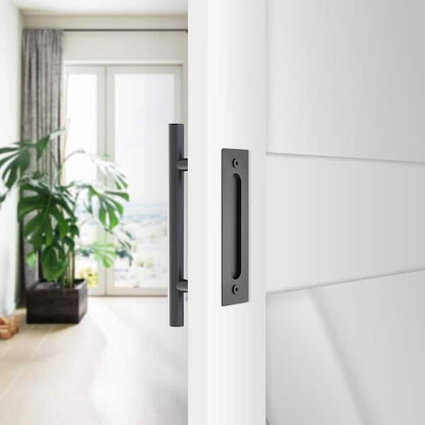 12 in. Matte Black Ladder Pull and Flush Sliding Barn Door Handle with Floor Guide