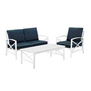 Kaplan White 3-Piece Metal Patio Seating Set with Navy Cushions