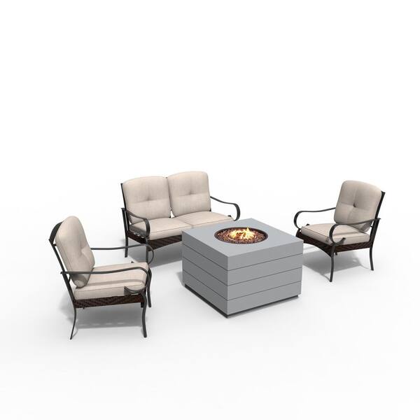 moda furnishings Paulette Gray 4-Piece Concrete Patio Fire Pit Conversation Sofa Set with Beige Cushions