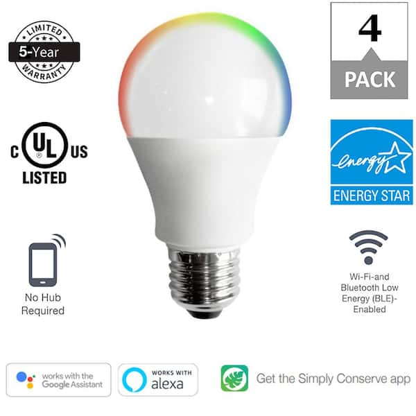 60-Watt Equivalent A19 Smart Dimmable LED Light Bulb, 2700K Soft White Light to 6500K Daylight, 4-pack