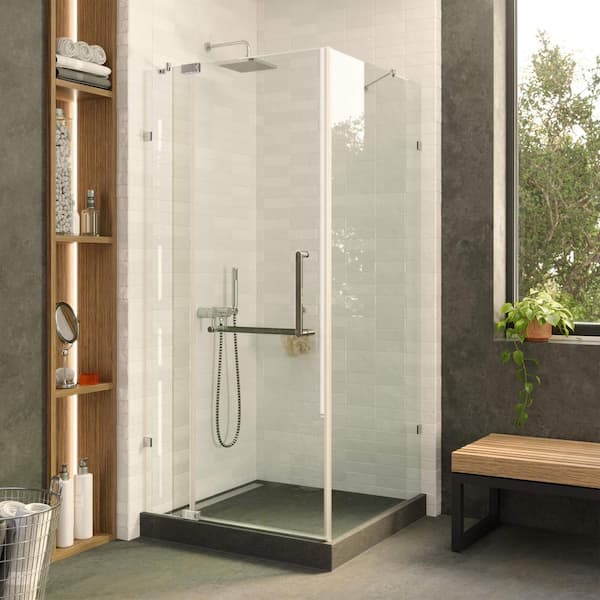28 in. W x 28 in. H x 74 in. H Frameless Corner Shower Enclosure with Hinged Clear Tempered Glass in Polished Chrome