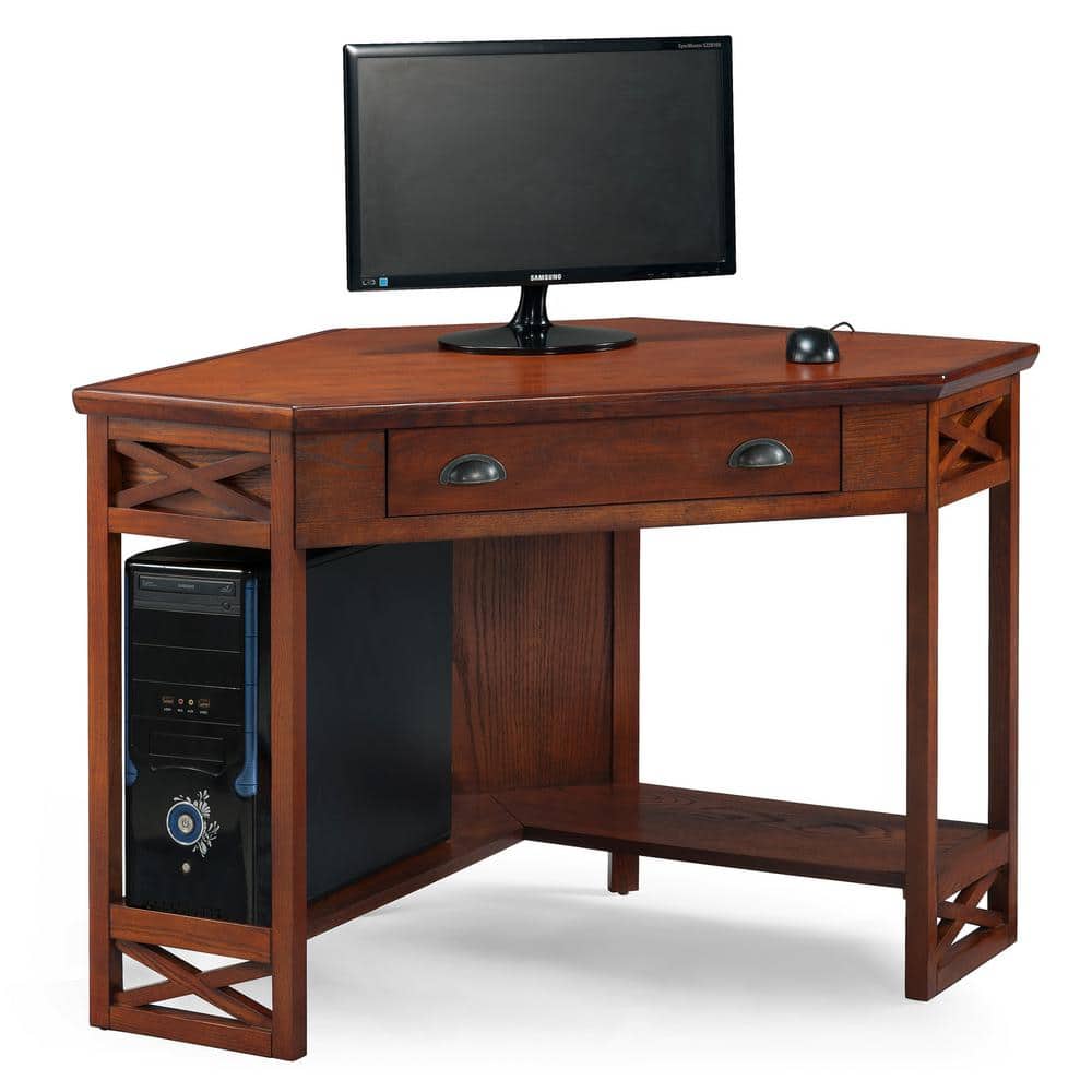 Mission-Inspired Burnished Oak Corner Desk with Keyboard Tray