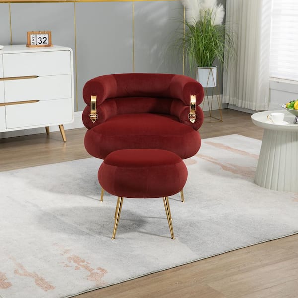Upholstered Red Velvet Barrel Accent Arm Chair with Ottoman, Accent Comfy Lounge Arm Chair