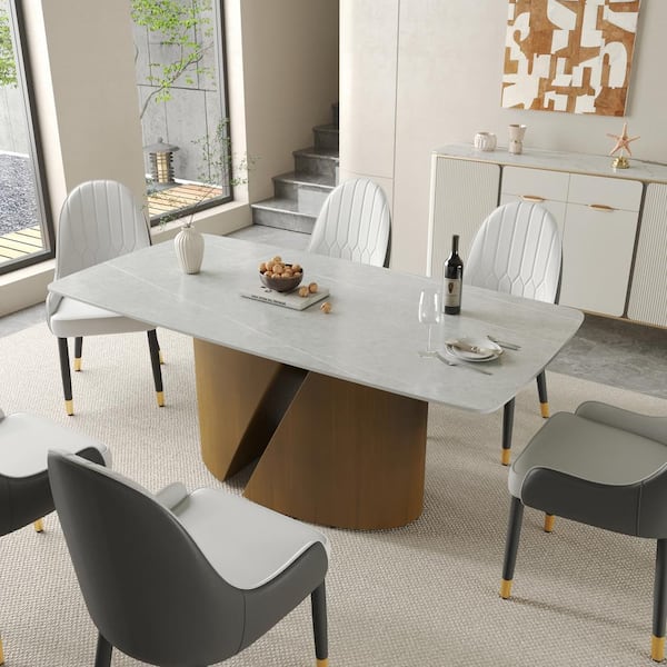 J&E Home Gray Rectangle Marble Top 70 in. Pedestal Dining Table Seats 8