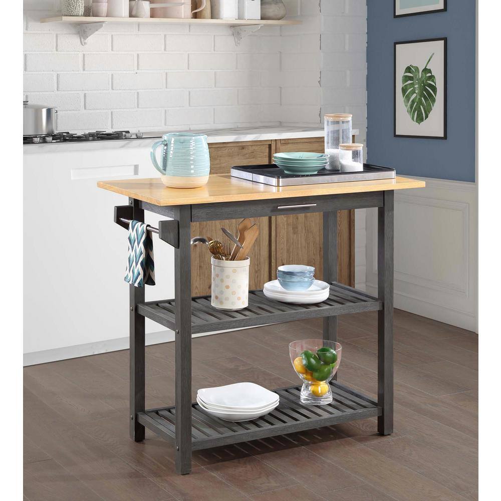Dark Gray Butcher Block Kitchen Prep Island with Drawer