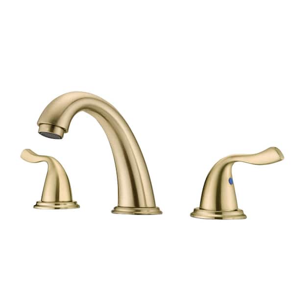 Lukvuzo 8 in. Widespread Double Handle Mid Arc Bathroom Faucet with Pop-Up Drain and Spot Resistant Finish in Brushed Gold