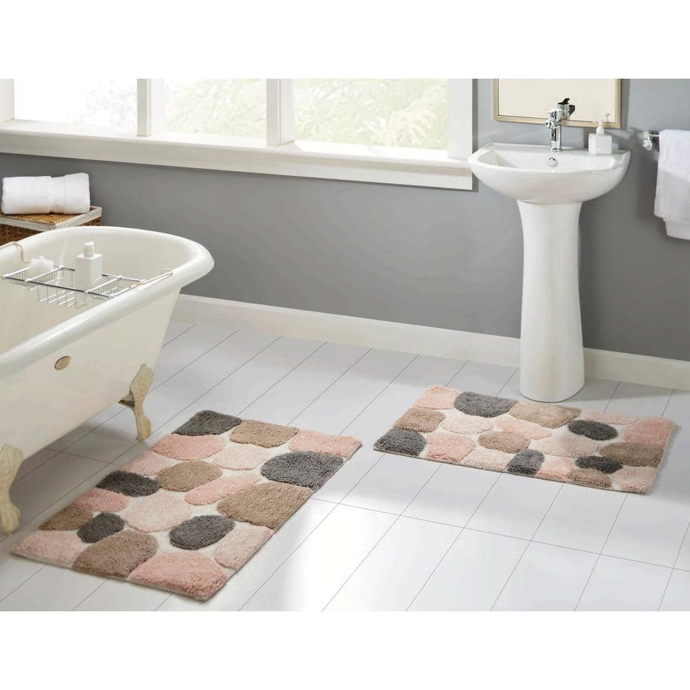 Pebble Pattern Pink and Gray Cotton Bath Mat Set