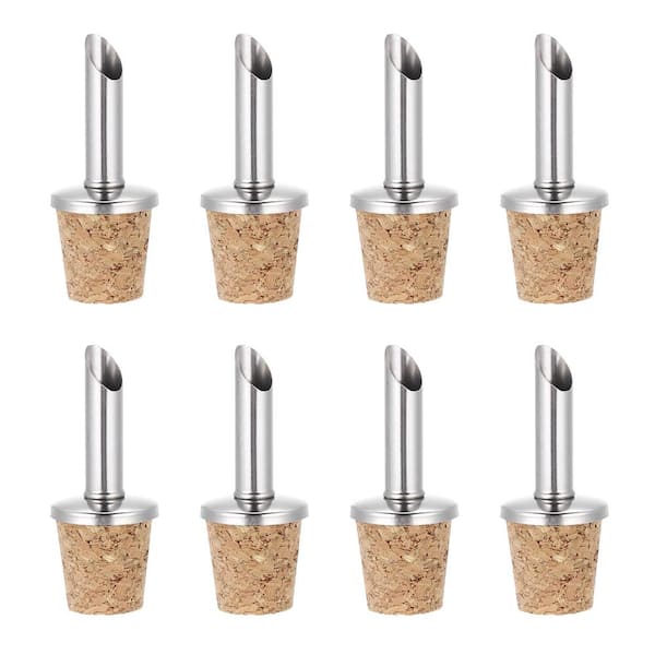 8-Piece Stainless Steel and Wood Bottle Pourers Cork Stoppers for Oil Wine Beer Vinegar Water in Silver
