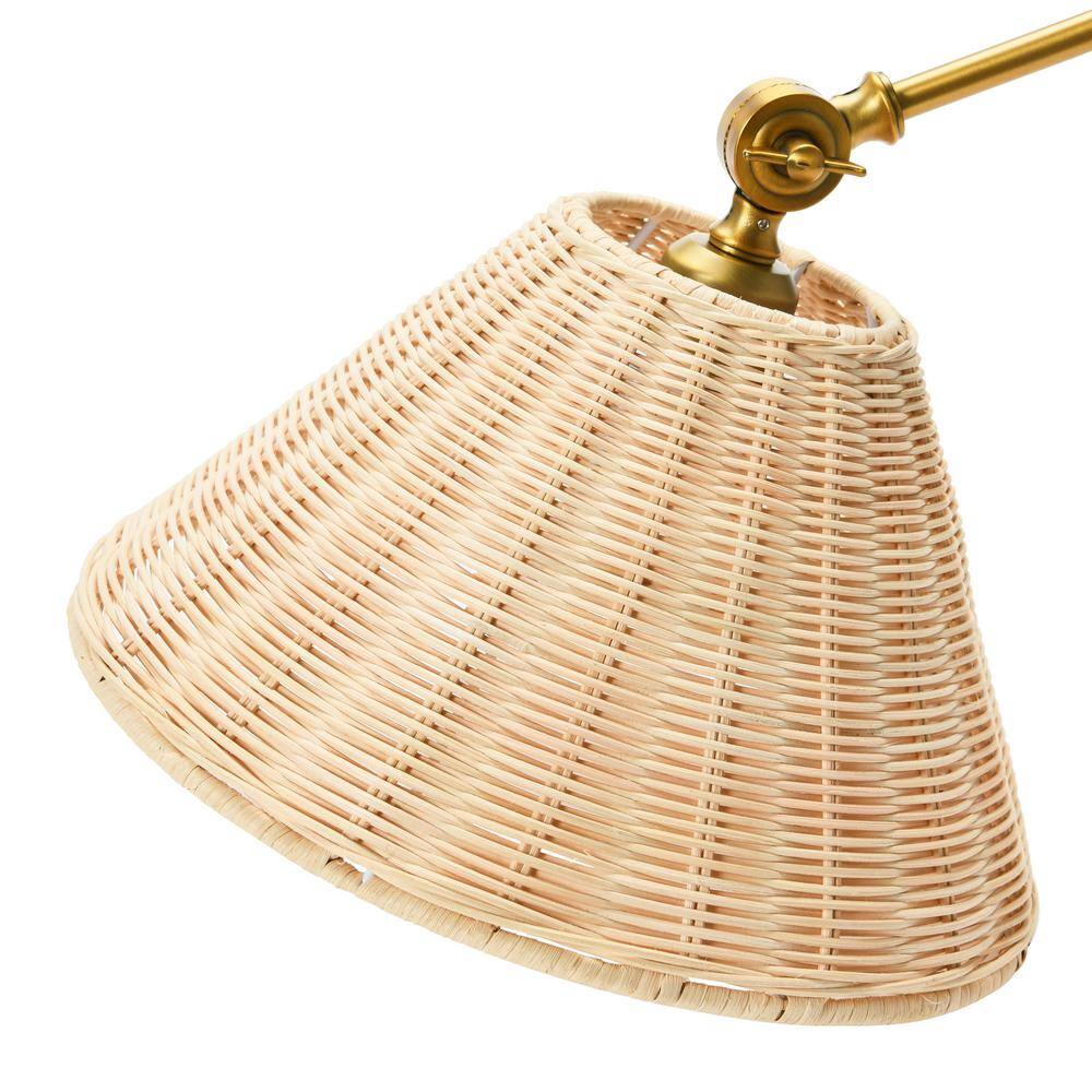 Antique Brass Finish Adjustable Wall Sconce with Woven Rattan Shade