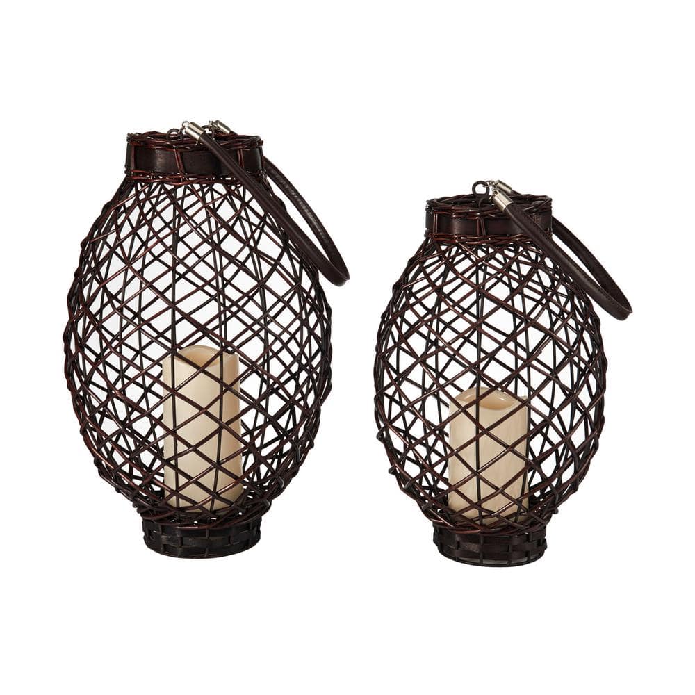 Dark Brown Wicker Hanging Candle Lantern Set