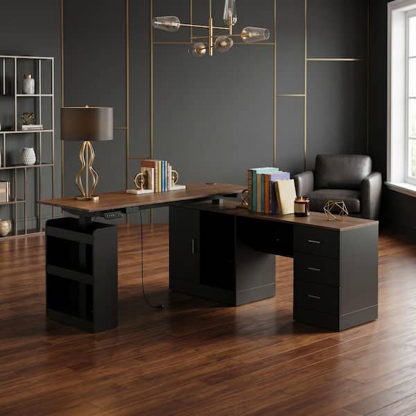 63 in. W L-Shape Black & Wood Grain Wooden 3-Drawer Adjustable Height Writing Desk, Computer Desk with 5-Shelf & 1 Door