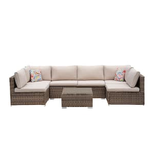 7-Piece Light Brown Rattan Wicker Outdoor Patio Sectional Sofa Set with Beige Cushions and 2 Pillows