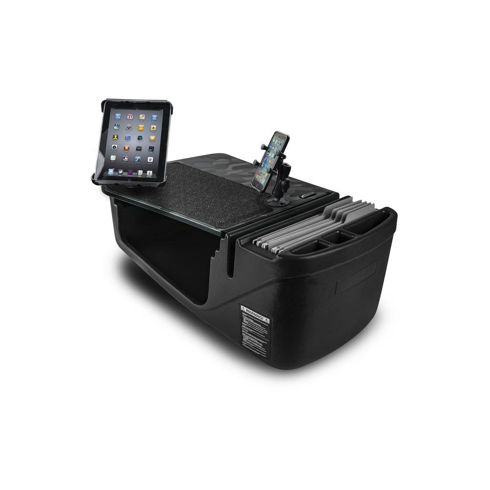 AutoExec AUE19100 Grey GripMaster Car Desk with Built-in Power Inverter, Printer Stand, X-Grip Phone Tablet Mount 