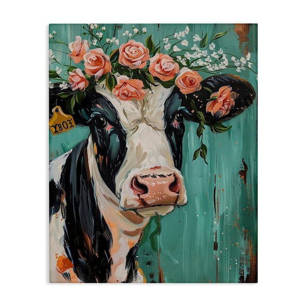 Stupell Industries Floral Cow on teal by LSR Design Studio Unframed Animal Graphic Art Print 20 in. x 16 in.
