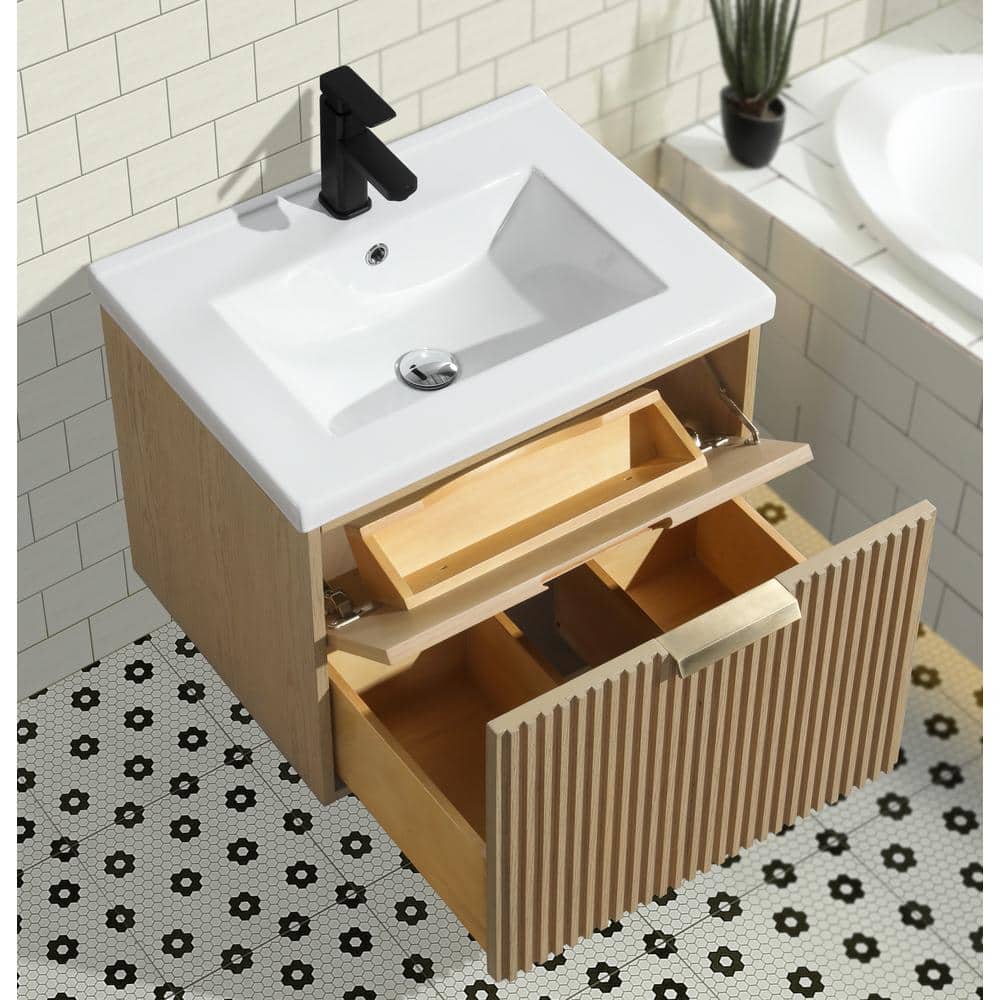 24'' Oak Floating Single Bathroom Vanity with Ceramic Sink
