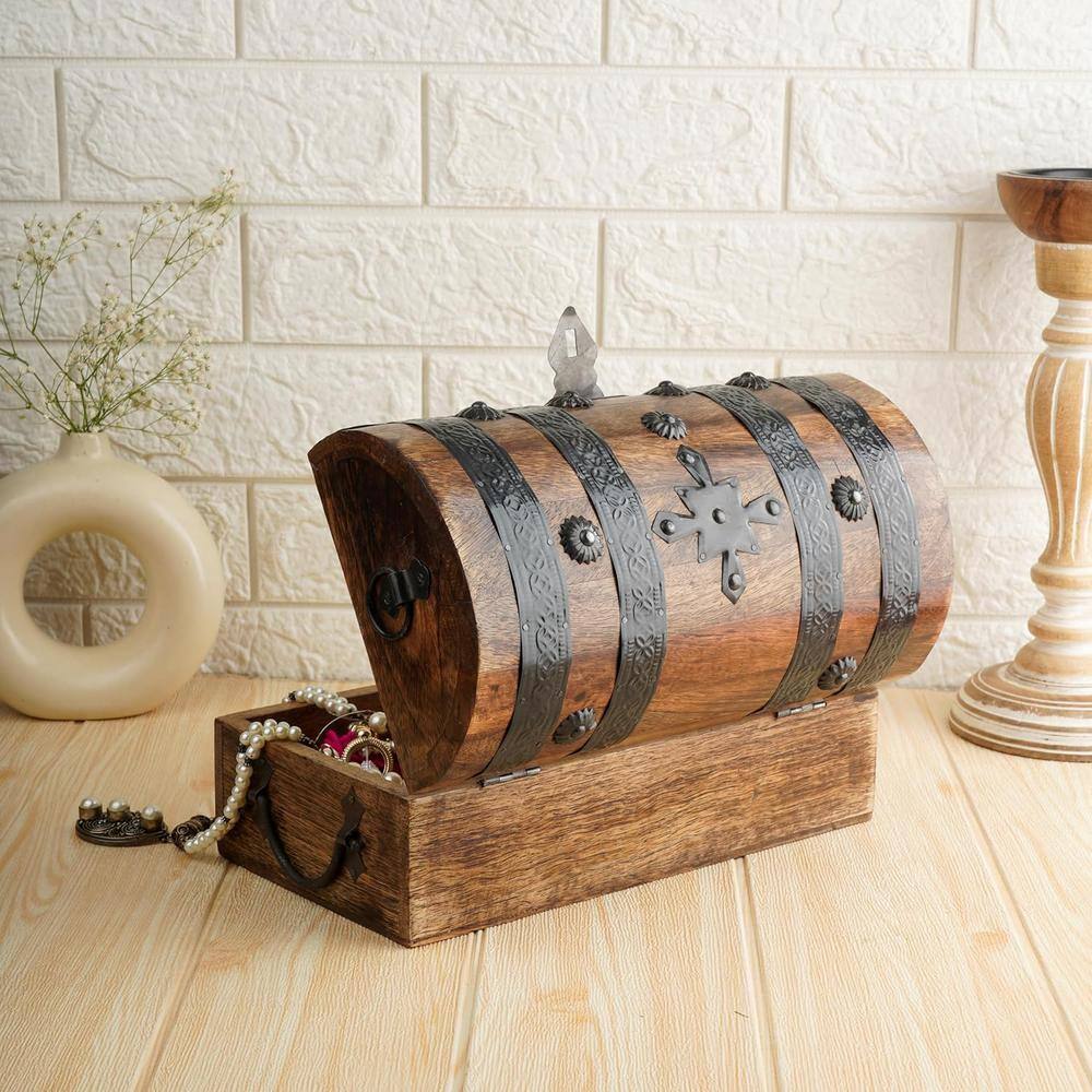 Handcrafted Medium Brown Mango Wood Pirate Treasure Chest Jewelry Box