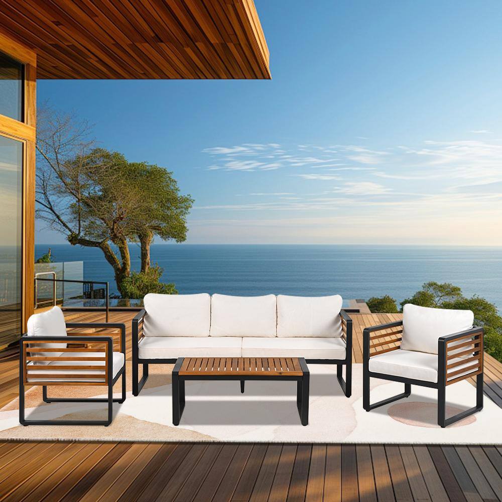 Large 4-Piece Metal Acacia Wood Patio Conversation Set Outdoor Sofa Set for