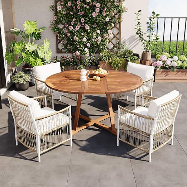 5-Piece Acacia Wood Outdoor Dining Set, Extendable Wooden Table with 4 Rattan Arm Chairs and Cushions