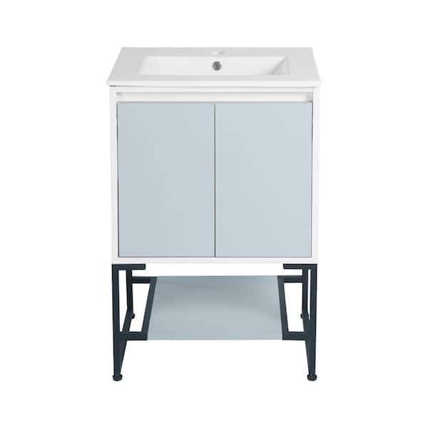 23.62 in. W x 19.49 in. D x 34.57 in. H Floating Bath Vanity in Ash Gray and White Foil with White Ceramic Top