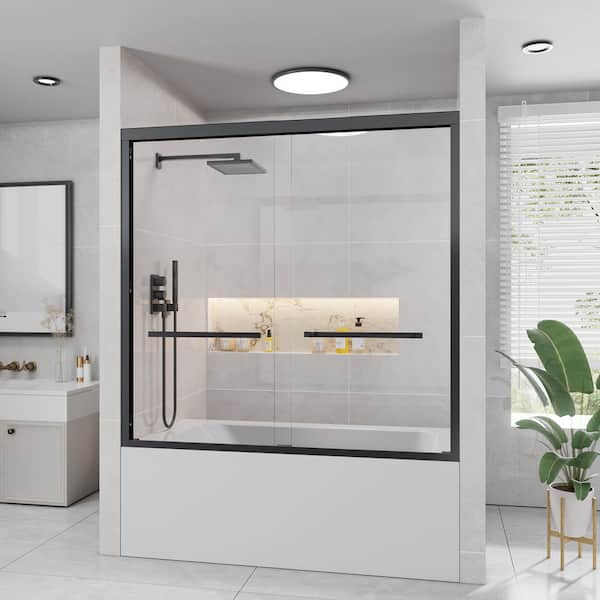 56-60 in. W x 58 in. H Double Sliding Framed Tub Door in Brushed Nickel with Tempered Clear Glass