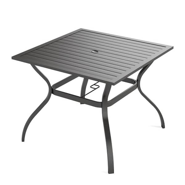 37" black square metal outdoor dining table with umbrella hole