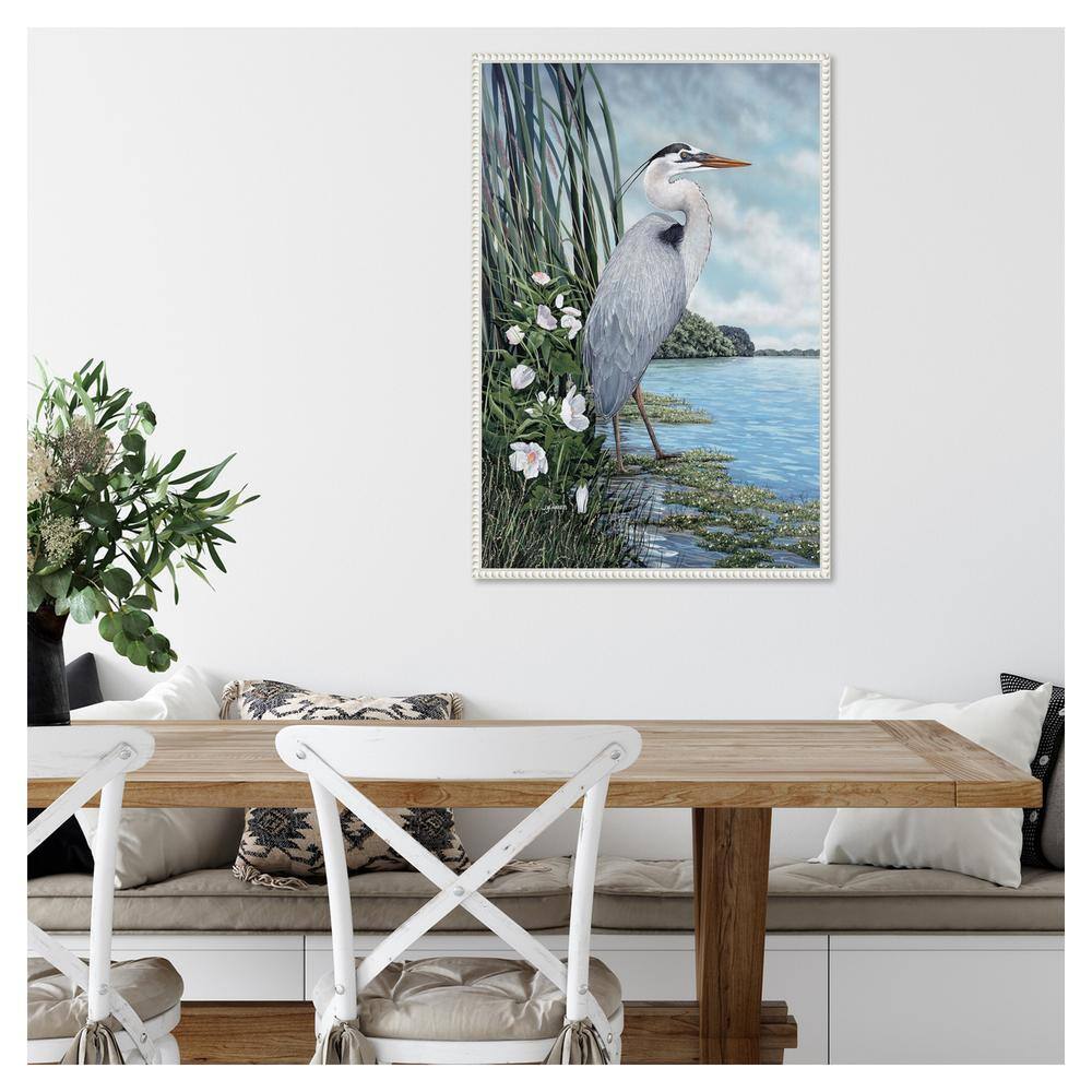 Great Blue Heron Coastal Scene Canvas Art with White Frame