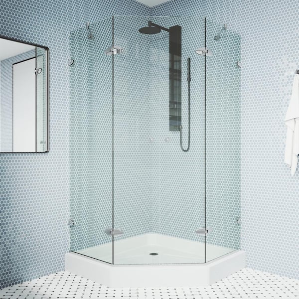 VIGO Gemini 48 in. L x 48 in. W x 79 in. H Frameless Pivot Neo-Angle Shower Enclosure Kit in Chrome with Clear Glass
