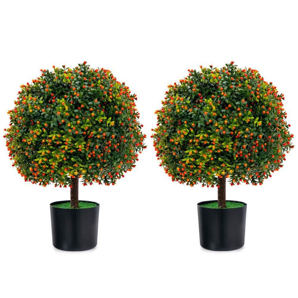 2- Pack Artificial Boxwood Topiary Ball Tree with Orange Fruit