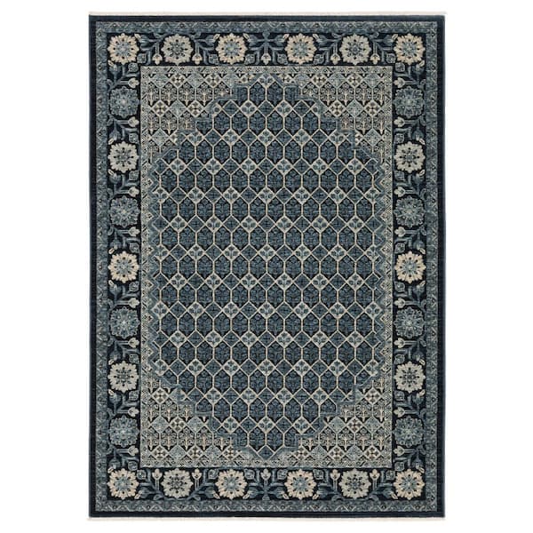AVERLEY HOME Cage Blue/Ivory 7 ft. x 10 ft. Oriental Geometric Floral Polyester Fringe-Edge Indoor Area Rug