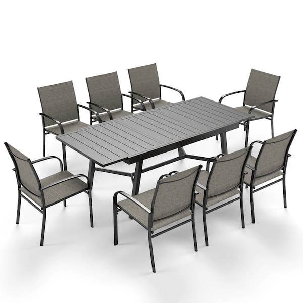 PHI VILLA Black 9-Piece Metal Expandable Table Patio Outdoor Dining Set with Brown Textilene Chairs