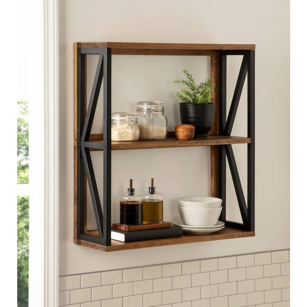 Rustic Brown and Black 3-Tier Floating Wood Wall Shelf