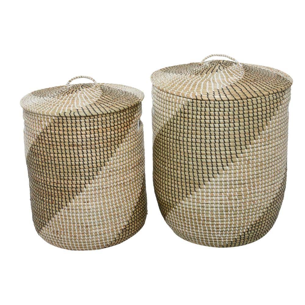 Handmade Two-Toned Seagrass Round Storage Baskets with Lids