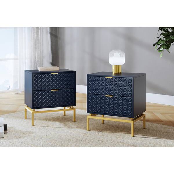 JAYDEN CREATION Vico Navy 25 in. Tall 2-Drawer Nightstand Set with Metal Hardware
