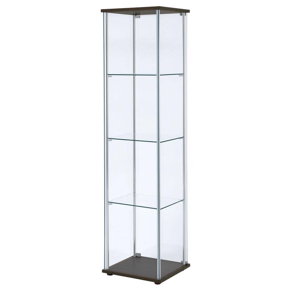 Transitional Cappuccino and Chrome Lighted Curio Cabinet with Glass Shelves
